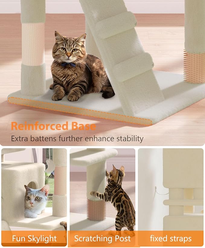 60'' Cat Tree Tower for Indoor Cats Large Adult,Cute/Tall Modern Cat Tree for Big Cats 20 lbs, Plush Multi-Level Cat Condo with Scratching Posts, Dangling Ball Indoor (Beige, 60 inch)-PurrikoPets