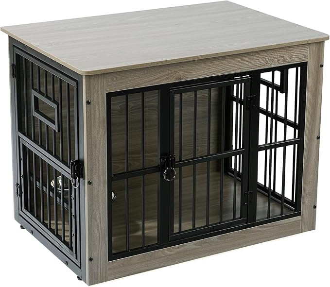 Gardner Pet Dog Crate Furniture for Medium Dogs, 32.7 Inch Dog Kennel Indoor, Wooden Dog Cage End Table with 2 Removable Bowls, Heavy Duty Dog Crate, Rustic Grey-PurrikoPets