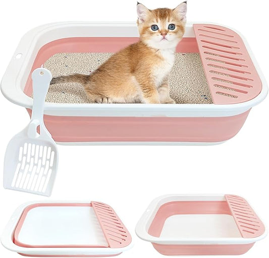 Fhiny Cat Litter Box Portable Shallow Litter Box 17.7"x13.4"x4.9" Foldable Cat Toilet with Scoop Open Kitty Potty Pan with Litter Drop Pedal Easy to Clean Travel Kitten Toilet(Pink)-PurrikoPets