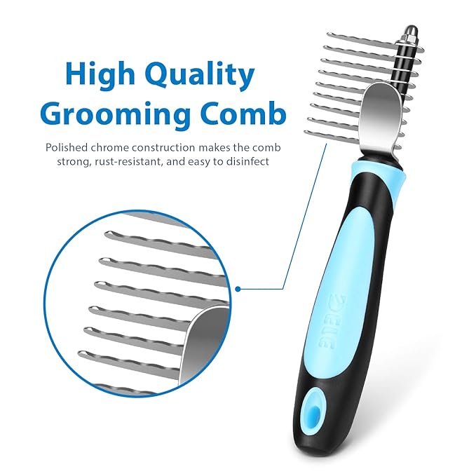 Flexzion Dogs Dematting Comb, Stainless Steel Blades Rakes, for Pets Cats Animals Matted Knotted Hair, Brush Cutting Removing Grooming Tool with Smooth Teeth Needle - Black & Blue Handle-PurrikoPets