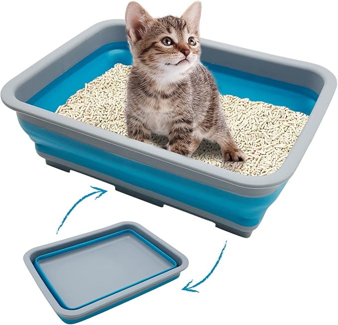 Fhiny Open Cat Litter Box, Kitten Potty Pan Semi-Enclosed Foldable Waterproof Travel Toilet Low Entrance for Indoor Cats Small Pet Kitty Rabbit Supplies Easy to Clean and Assemble-PurrikoPets