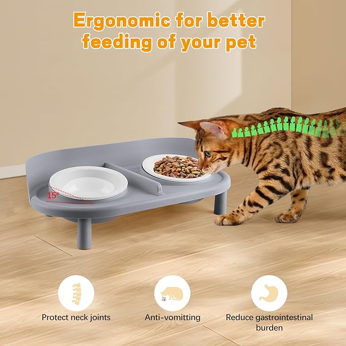 Elevated Cat Bowls, Tilted Rised Cat Food and Water Bowl with 2 Pcs Ceramic Pet Bowls, Rised Stand, Pet Dish Anti Vomiting Feeding Station for All Sized Cats & Small Dogs (Grey)-PurrikoPets
