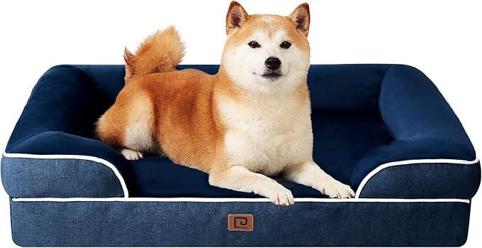 EHEYCIGA Orthopedic Dog Beds for Large Dogs, Waterproof Memory Foam Large Dog Bed with Sides, Non-Slip Bottom and Egg-Crate Foam Pet Couch Bed with Washable Removable Cover, Navy-PurrikoPets