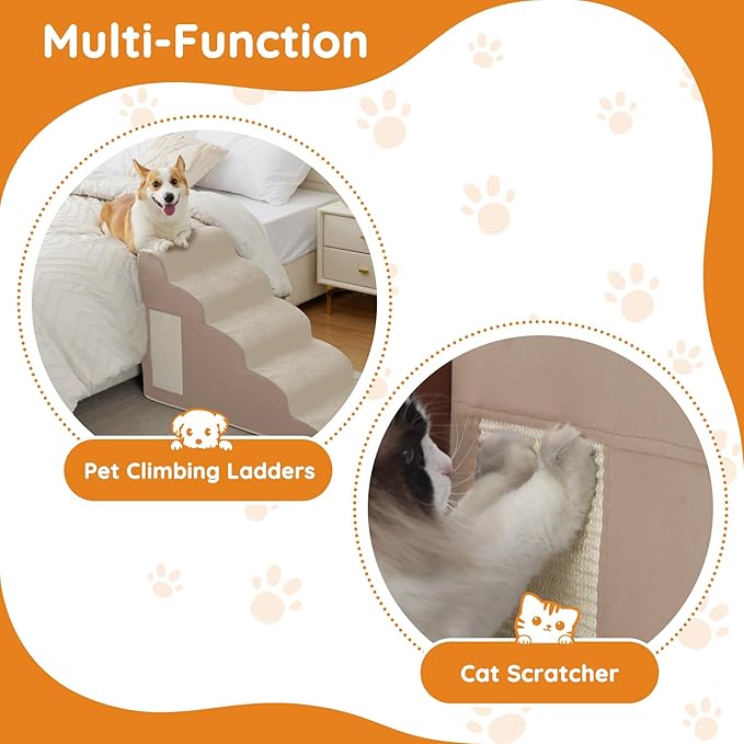 Dogs Steps for Bed, Dog Stairs for Small Dogs, 4-Step Dog Ramp for Bed, Couch, Sofa, and Chairs, Non-Slip Bottom Design, Cat Scratching, High Density Foam Portable Pet Step, Indoor, Beige-PurrikoPets