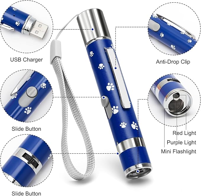 EAWONGEE Rechargeable Cat Toys - Indoor/Outdoor Cats Chase Light Toy for Kitty & Dog with 3 Light Modes, 5 Patterns, Blue-PurrikoPets