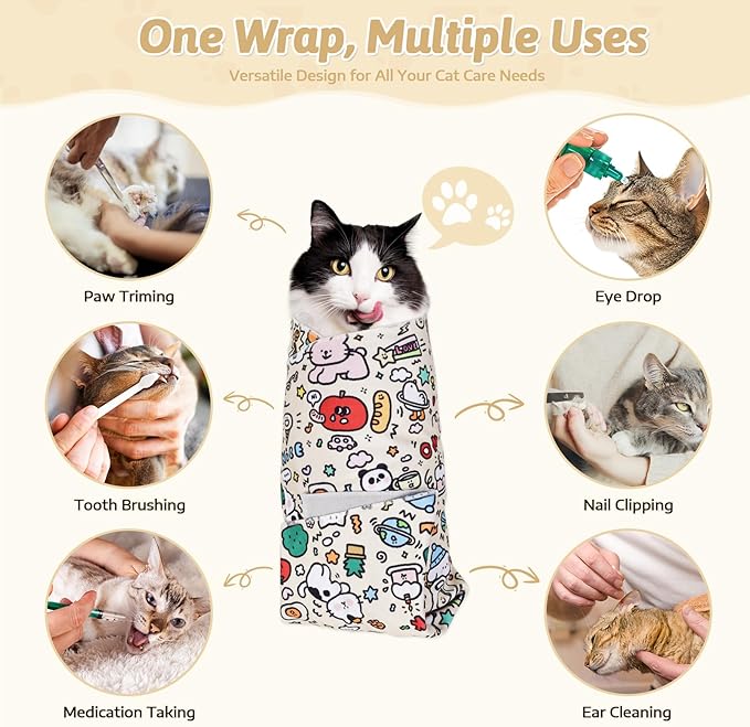 3-in-1 Cat Grooming Restraint Bag for Nail Trimming, Ear Cleaning & Medicine - Escape-Proof Design with Anti-Scratch Lining, Calming Pressure - Fits Cats & Kittens Up to 15lbs-PurrikoPets