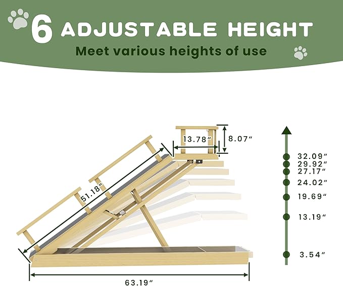 6 Level Height Adjustable Dog Ramp for Bed, Couch 65" Foldable Pet Ramp with Non-Slip Mat，DIY Glow Strips & Rest Platform Heavy Duty Dog Stairs for Large Dogs up to 200Lbs ，Wood Color-PurrikoPets