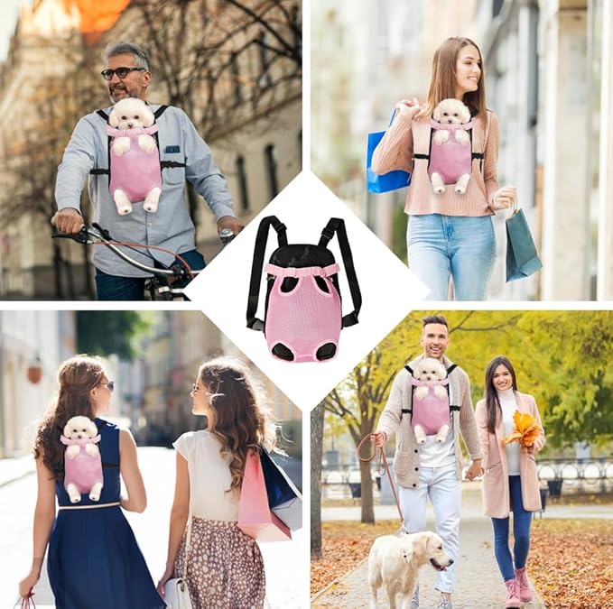 FEimaX Dog Carrier Backpack Pet Legs Out Front Cat Travel Bag, Adjustable Puppy Backpacks Carriers Hands-Free for Small Medium Dogs Cats Hiking Traveling Camping Daily Walking (Medium, Pink)-PurrikoPets