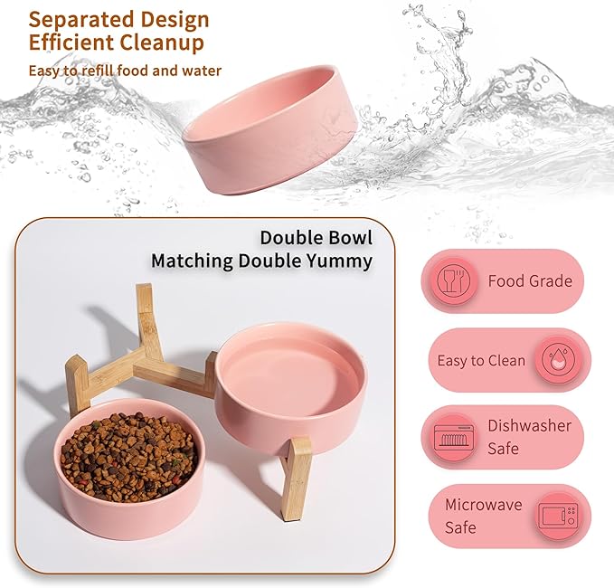 Elevated Ceramic Dog Bowl Set - Raised Feeding Bowls with Non-Slip Bamboo Stand - Small Pet Dishes for Food and Water - Ideal for Cats and Puppies - 16.23 OZ - 2 Cups - 480 ML-PurrikoPets