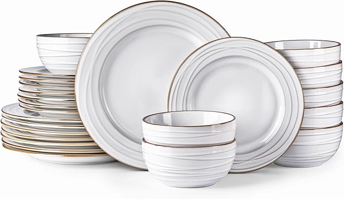 GBHOME Ceramic Dinnerware Sets, 24 pcs Embossed Elegant Stoneware Plates and Bowls Sets, Housewarming Wedding Gift | Dishwasher & Microwave Safe | Dishes Set Service for 8-PurrikoPets