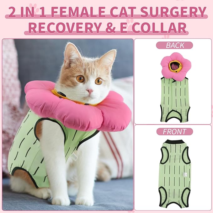 EMUST Cute Cat Recovery Suit and Adjustable Flower Cone Collar Set - Soft Surgical Suit for Abdominal Wounds, Cat Cones After Surgery for Female Kittens Under 4lb (Green)-PurrikoPets