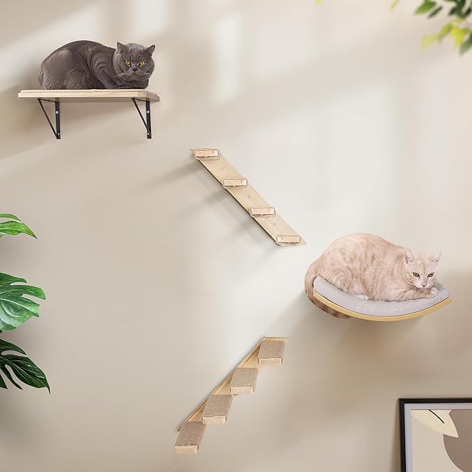 4-Piece Cats Wall Furniture with Cat Window Perch – Wood Wall Mounted Cat Shelves Set with Foam-Padded Curved Bed, Flat Perch & 4-Step Cats Stairs-PurrikoPets
