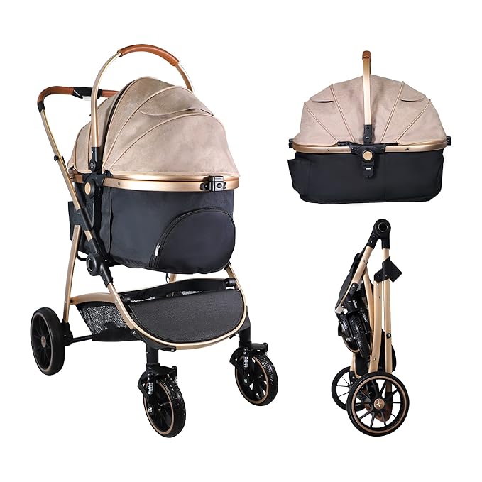 3 in 1 Multifunction Pet Stroller for Small Medium Dogs Cats, No-Zip Dog Stroller with Detachable Carrier & Cup Holder, One-Hand Quick Fold, 4 Wheels Travel Foldable Aluminum Alloy Frame Up to 33 lbs-PurrikoPets