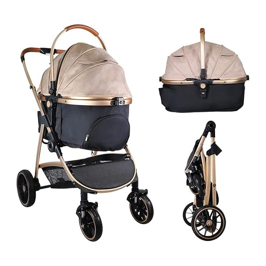 3 in 1 Multifunction Pet Stroller for Small Medium Dogs Cats, No-Zip Dog Stroller with Detachable Carrier & Cup Holder, One-Hand Quick Fold, 4 Wheels Travel Foldable Aluminum Alloy Frame Up to 33 lbs-PurrikoPets