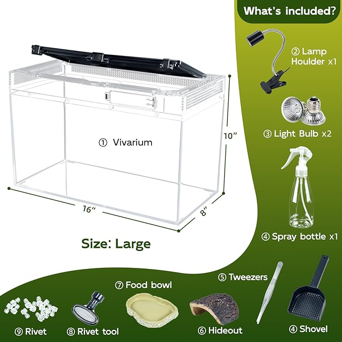 16×10×8'' Reptile Tank Kit with Heat Lamp, Spray Bottle, Shovel, Tweezers, Food Bowl, Hideout -Perfect for Geckos, Bearded Dragons, Snakes, Lizards, Turtles 360° Viewing, PC Glass-PurrikoPets