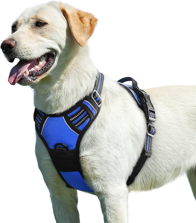 Eagloo Dog Harness for Large Dogs, No Pull Service Vest with Reflective Strips and Control Handle, Adjustable and Comfortable for Easy Walking, No Choke Pet Harness with 2 Metal Rings, Blue, L-PurrikoPets