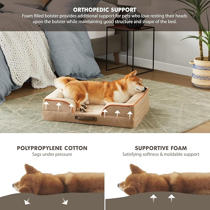 Friends Forever Orthopedic Dog Bed for Large Dogs, Waterproof Memory Foam Dog Sofa Bed L with Removable Washable Cover, Ally Khaki, 35x25x6.5-PurrikoPets