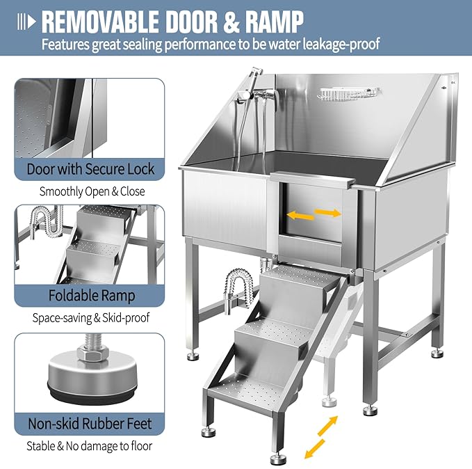 38" Pet Dog Bathing Station W/Ramp, Professional Stainless Steel Dog Grooming Tub W/Floor Grate, Faucet, Dog Bathtub for Large,Medium, Small Pets, Washing Sink for Home,R-RAMP-PurrikoPets