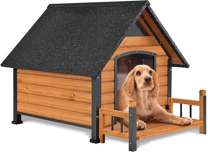 AIVITUVIN Dog House Outdoor Anti-Bite Metal Frame Design Wooden Dog Kennel Outside with Elevated Floor Weatherproof (Brown, 45" D x 32.9" W x 32.6" H)-PurrikoPets