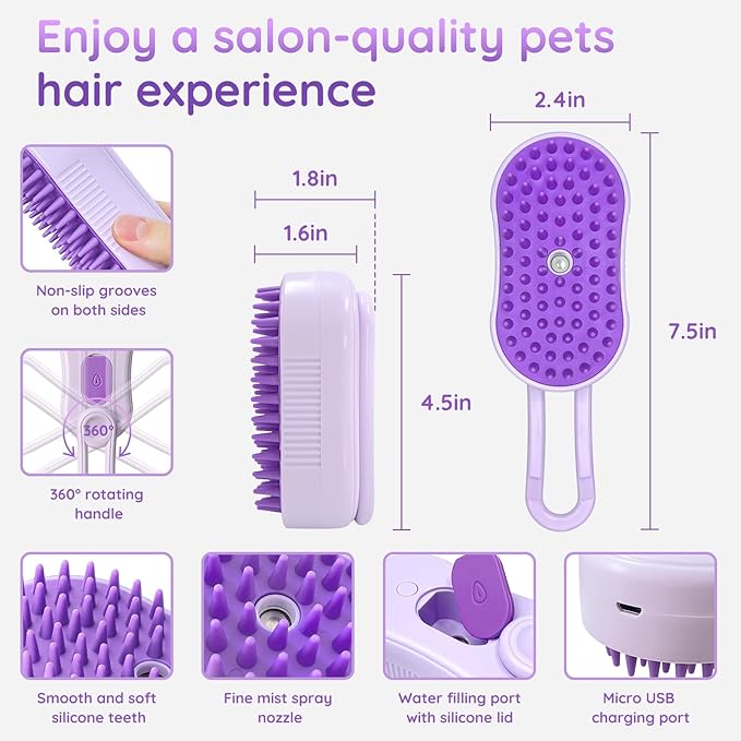 GKZ Cat Steam Brush, 3 in 1 Pet Comb for Massage, Cleaning, Shedding and Combing, Electric Mist to Prevent Flyaways for Home, Dogs and Cat Lovers - Purple-PurrikoPets
