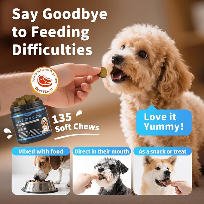 Dog Flea and Tick Support Chewable, Natural Dog Flea Comfort Supplement, Oral Chews with Neem, Oregano Oil, Pumpkin Seed Oil & Brewer's Yeast – 135 Soft Chews, Beef Flavor – for All Breeds & Sizes-PurrikoPets