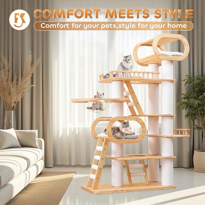 76.8'' Modern Cat Tree for Indoor Cats, Tall Wooden Cat Tower for Home Decoration, Multi-Level Tower with Transparent Cat Bed, Huge Cat Condo for Multi-Cat Families-PurrikoPets