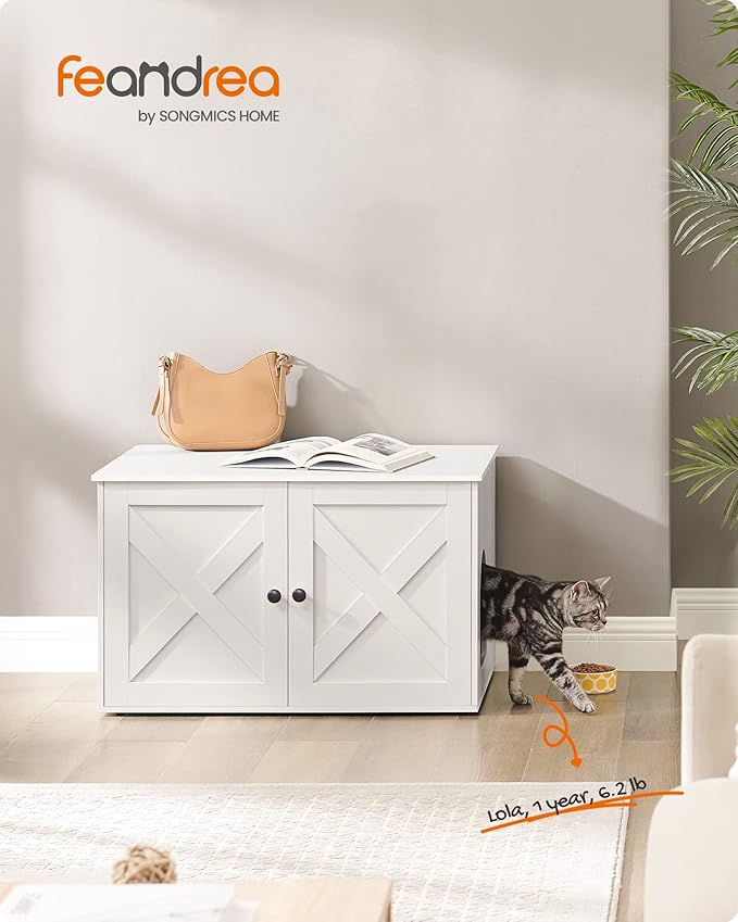 Feandrea Cat Litter Box Enclosure, Litter Box Furniture Hidden with Removable Divider, Indoor Cat House, End Table, 31.5 x 20.9 x 19.7 Inches, White UPCL002W01-PurrikoPets