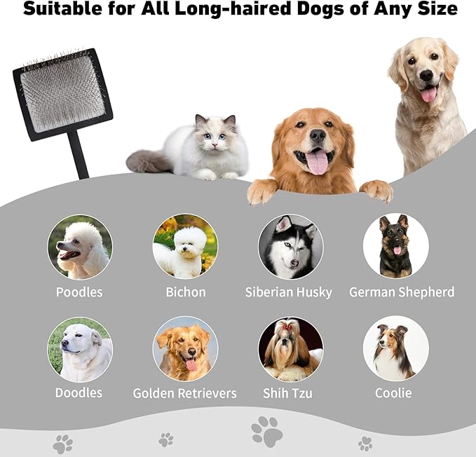 Dog Slicker Brush for Shedding and Grooming Medium or Long Haired Cats, Extra Long & Soft Pin Slicker Brush for Removes Loose Hair, Tangles, Knots, Undercoat, Free Pet Comb, Large Black-PurrikoPets