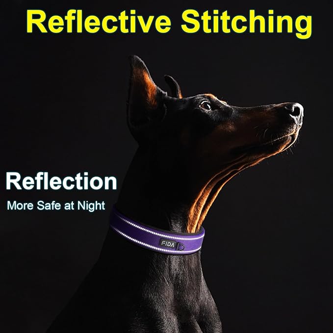 Fida Heavy Duty Dog Collar, Ultra Comfortable Soft Neoprene Padded, Adjustable Reflective Nylon Pet Collar with Durable Metal Belt Buckle for Large Breeds (L, Purple)-PurrikoPets
