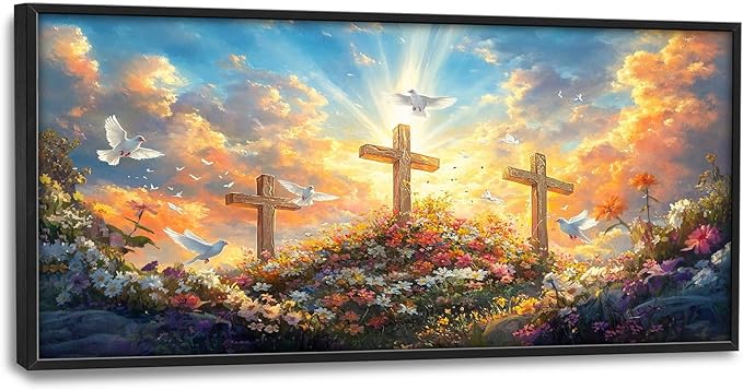 Framed Large Christian Jesus Wall Art, Oversized Floral Dove Wall Decor for Living Room, Landscape Canvas Painting Peaceful Pictures Modern Artwork for Living Room Bedroom Office 60"x30"-PurrikoPets