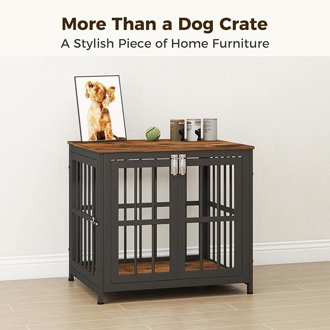 26 Inch Heavy Duty Wooden Dog Kennel End Table with Double Door Design and Secure Locks, Indoor Pet Crate Furniture for Small Dogs, Decorative Home Cage Design,Aged Black-PurrikoPets