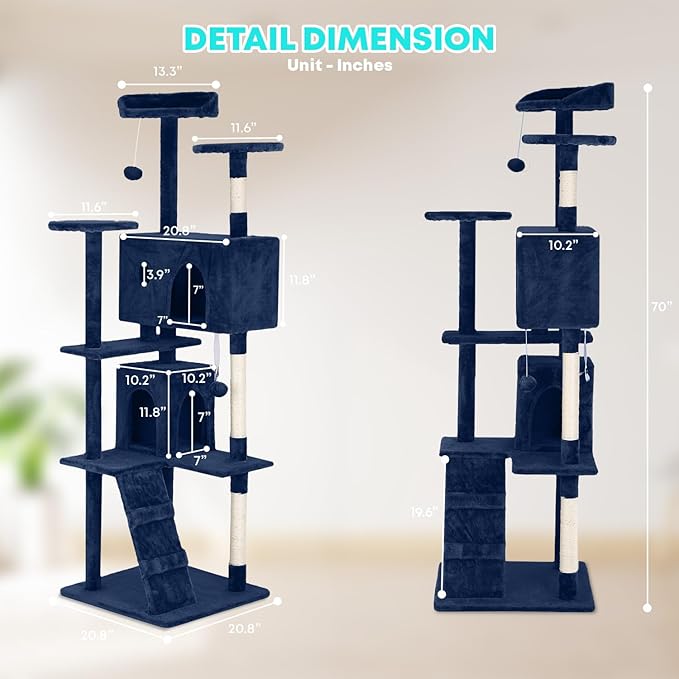 FDW Cat Tree 70in Cat Tower Multi-Level Durable Cat Scratching Post & Cozy Fun Cat Jumping Platform Space Saving Cat Condo Pet Play House for Indoor Cats,Navy Blue-PurrikoPets