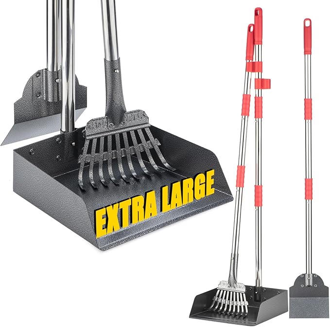 Dog Pooper Scooper Set, Pooper Scooper for Dog, Heavy Duty Stainless Steel Rake with Extra Large Tray & Spade No Bending Clean Up for Pet Waste Removal, for Grass, Dirt Or Gravel.-PurrikoPets