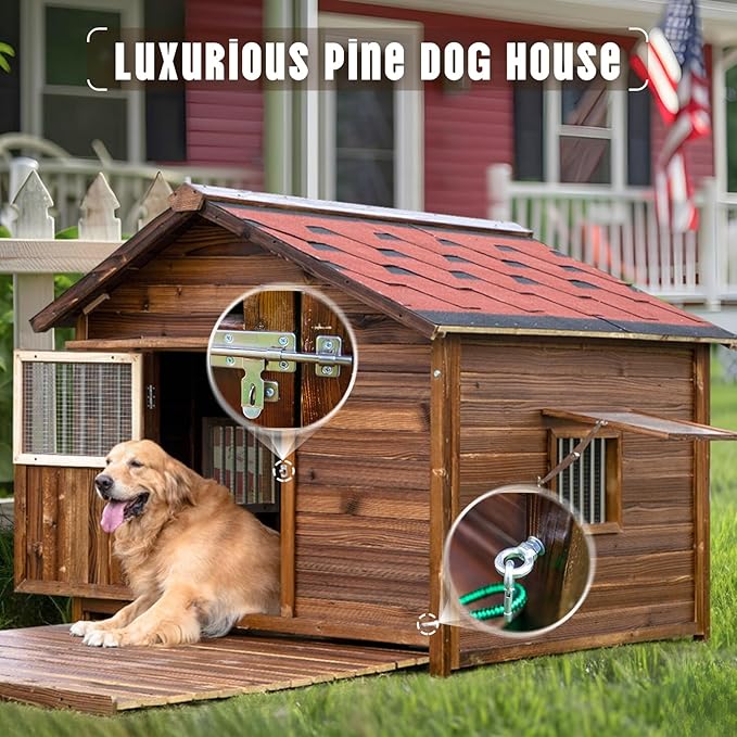 Extra Large Dog House Outdoor Made of Solid Pine Wood, Warm Doghouse, Dog House with Elevated Floor for Large Dogs, (Wood, 4XL)-PurrikoPets