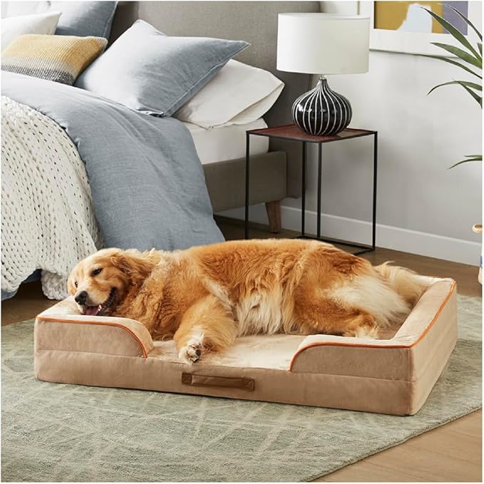 Friends Forever Orthopedic Dog Bed for Extra Large Dogs, Waterproof Memory Foam Dog Sofa Bed XL with Removable Washable Cover, Ally Khaki, 42x32x7-PurrikoPets