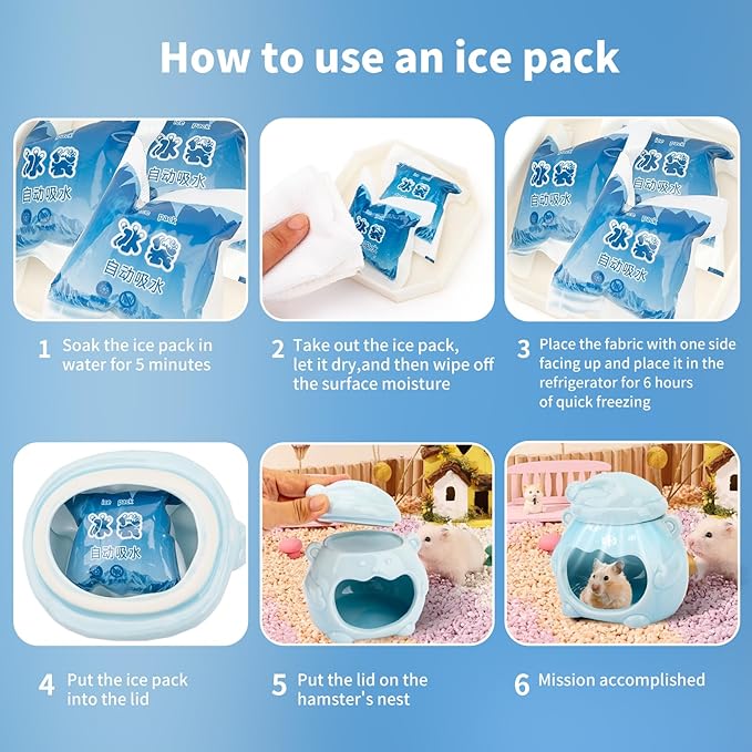 3-in-1 Bear Shaped Ceramic Hamster House - Cool House for Syrian Dwarf Hamsters, Mice, Gerbils， Small Pets, Top for Hamster Food, Removable Lid for Ice Packs, Cute Cool Hideout for Summer（Blue）-PurrikoPets