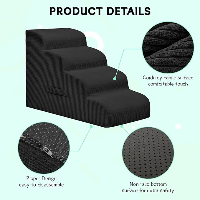 Dog Steps for Small Dogs, 4-Step Pet Ramp Stairs for High Beds and Sofa, Non-Slip Pet Stairs for Small Dogs and Cats, Removable and Easy to Clean Cover, Black-PurrikoPets