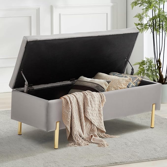 45.6 Inch Velvet Storage Bench, Tufted Upholstered Ottoman with Storage, Bedroom Living Room Entryway Rectangular Accent Bench, Grey-PurrikoPets