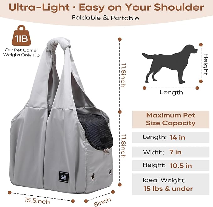 Dog Purse Carrier for Small Dogs, Cats, and Puppies – Soft-Sided Travel Pet Tote Bag with 4 Large Pockets, Foldable, Lightweight, Fits Pets up to 15 lbs, for Travel, Outings (Grey)-PurrikoPets