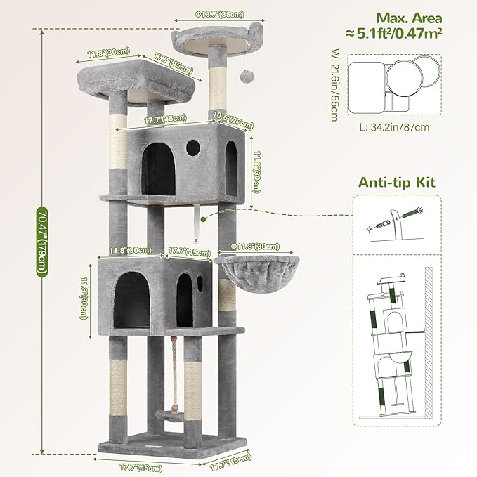 Globlazer Cat Tree, 70 inch Tall Scratching Tower Multi-Level Cat Condo for Indoor Multiple Cats with 2 Large Cat Caves, Top Perch, Large Platform, Bottom Swing, F70B, Light Grey-PurrikoPets