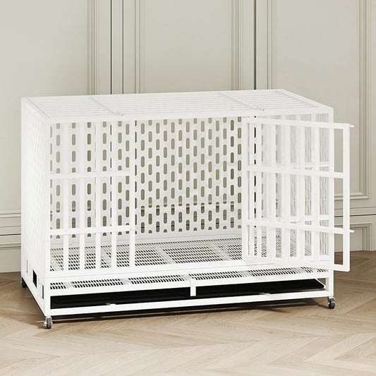 48 Inch Heavy Duty Indestructible Dog Crate Steel Escape Proof, Indoor Double Door High Anxiety Cage, Kennel with Wheels, Removable Tray,White,Extra Large XL XXL-PurrikoPets