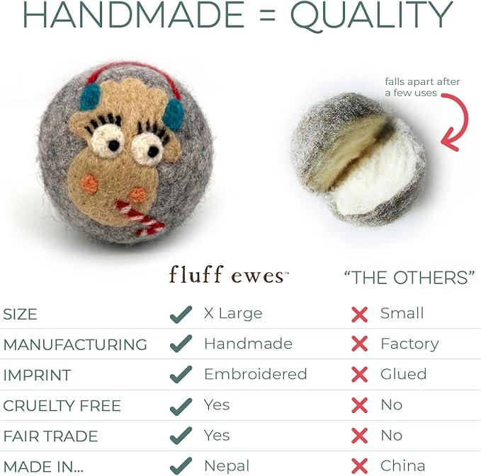 Fluff Ewes Wool Dryer Balls 3 Pack Premium New Zealand Wool Laundry Balls for Dryer, No Static Dryer Balls Laundry Reusable, XL Christmas Dryer Balls, Holiday Dryer Balls - Sheep in Heavenly Peace-PurrikoPets