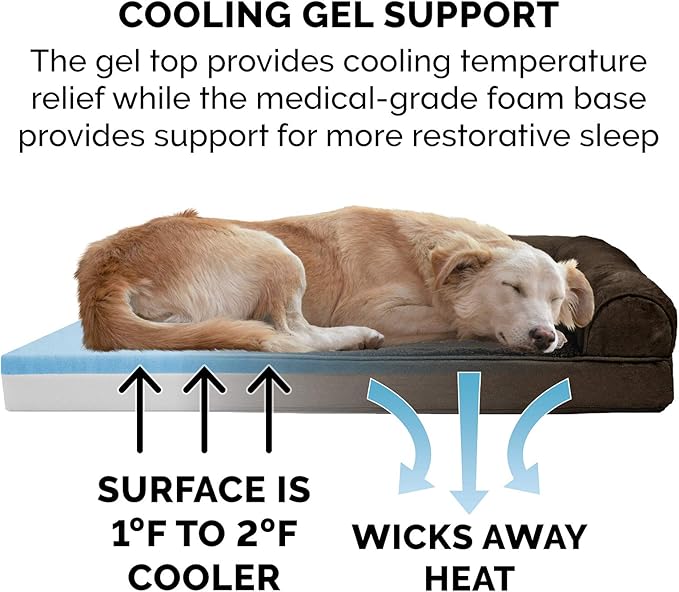 Furhaven Cooling Gel Dog Bed for Large Dogs w/ Removable Bolsters & Washable Cover, For Dogs Up to 125 lbs - Plush & Suede Sofa - Espresso, Jumbo Plus/XXL-PurrikoPets