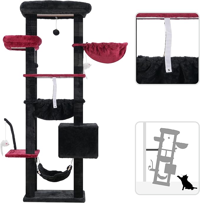 Gothic Cat Tree, Cat Tower for Large Cats with 2 Big Platforms, 2 Baskets, condo and Toys, 63" Cat Scratching Posts for Indoor Cats, Black and red GCT020BR-PurrikoPets