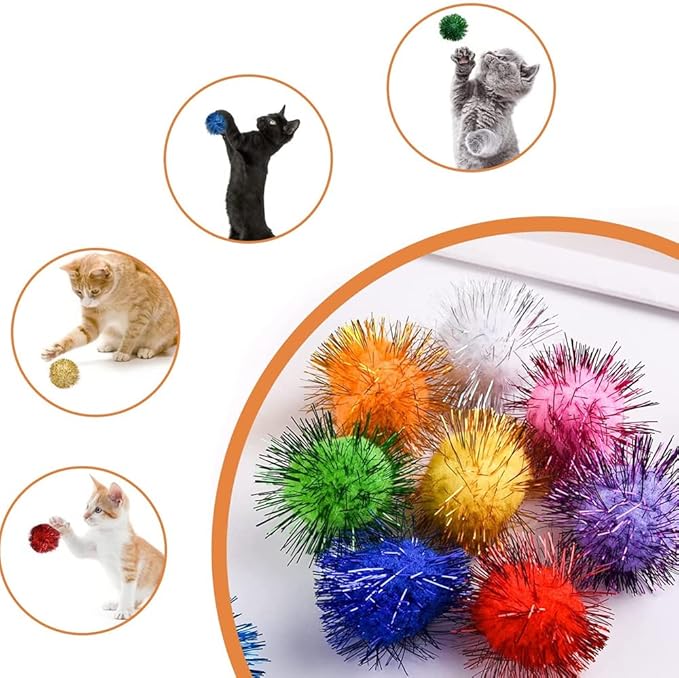 30Pcs 1.2inch/3cm Sparkle Balls for Cats - Interactive Toy Pom Pom Fuzzy Tinsel Cat Balls for Indoor Play (Mixed Colour)-PurrikoPets