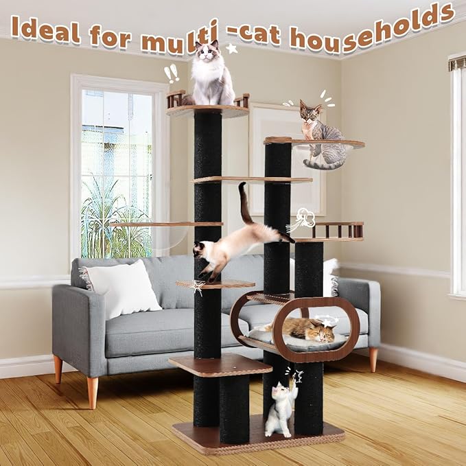 70.9'' Black Cat Tree for Indoor Cats Large Adult, Heavy Duty Cat Tower with Scratching Post, Modern Kitty Tree with Removable Mats, Semi-closed Condo and Transparent Bowl, Wooden Luxury Cat Furniture-PurrikoPets