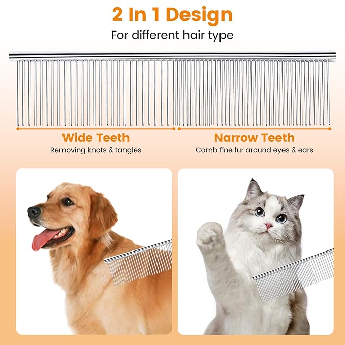2Pcs Stainless Steel Dog Comb, Round Tooth Cat Comb with 2 Tooth Widths, Metal Combs for Removing Knots and Tangles, Grooming Tool for Long and Short Hair Pets, 7.5 IN Silver-PurrikoPets