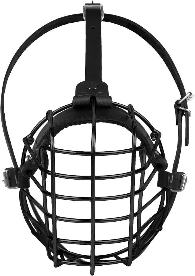 German Shepherd Dog Muzzle Metal Basket for Medium Large Dogs Adjustable Durable Leather Straps Secure Wire Mask for Biting Chewing Barking (Black, L - Size)-PurrikoPets