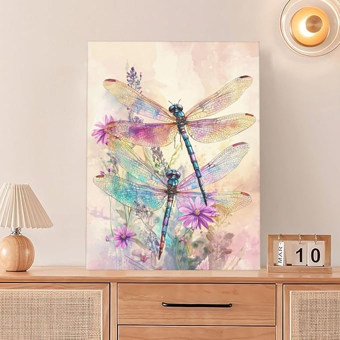 Dragonfly Bathroom Pictures Wall Art, Floral Bathroom Wall Decor, Framed Painting Canvas Artwork for Bedroom Living Room Decorations 16"L x 12"W-PurrikoPets