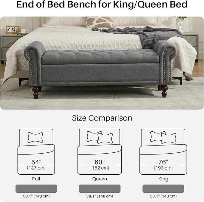 58.1'' Storage Bench Upholstered Linen End of Bedroom Bed Bench Ottoman with Tufted Cushioned Rolled Arm Large Storage Space for Reading Living Room Entryway, Grey-PurrikoPets